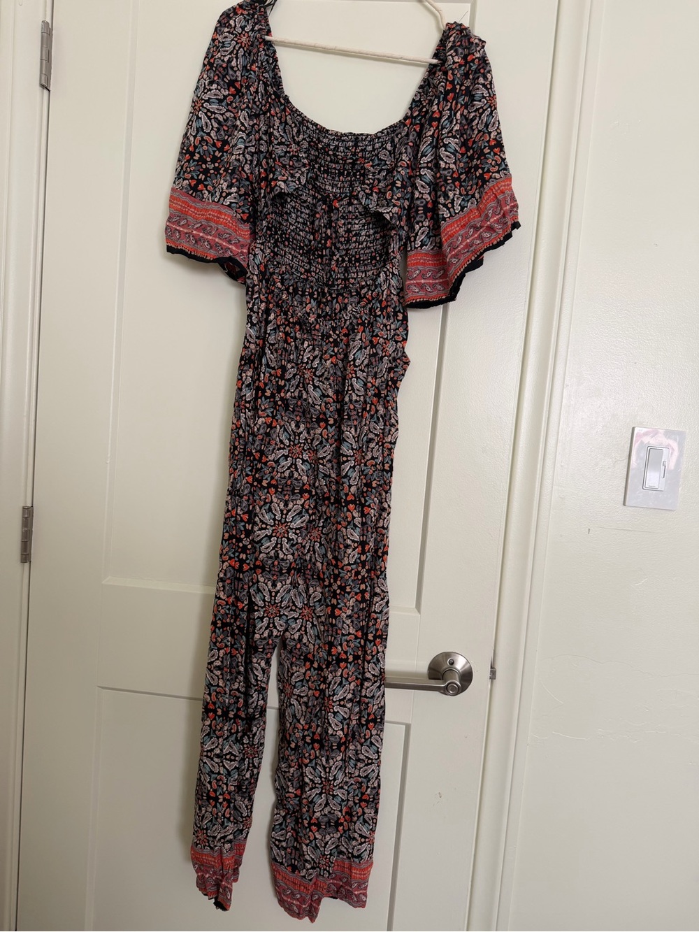 Angie Black Floral Off-Shoulder Jumpsuit with Coral Trim